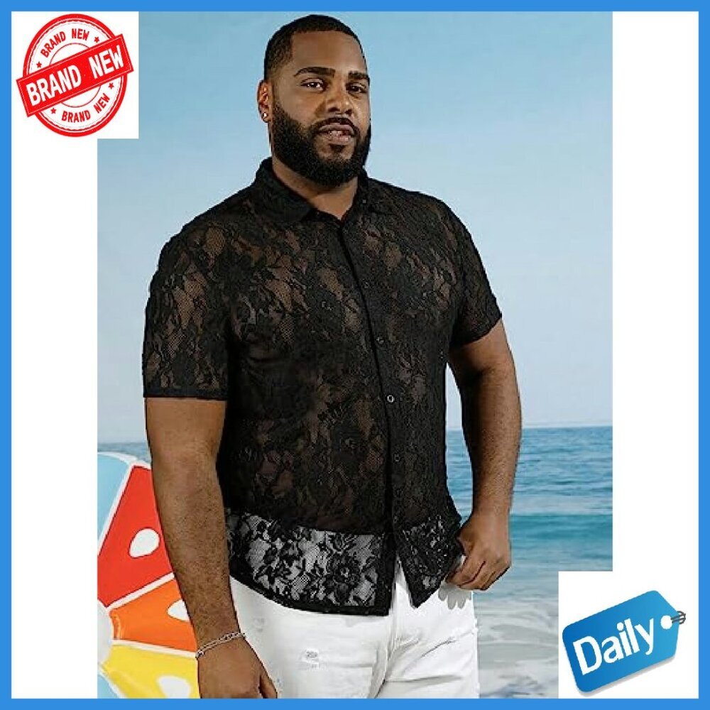 Men's Floral Lace Mesh Button Down Shirt Short Sleeve Blouse - Picture 4 of 6